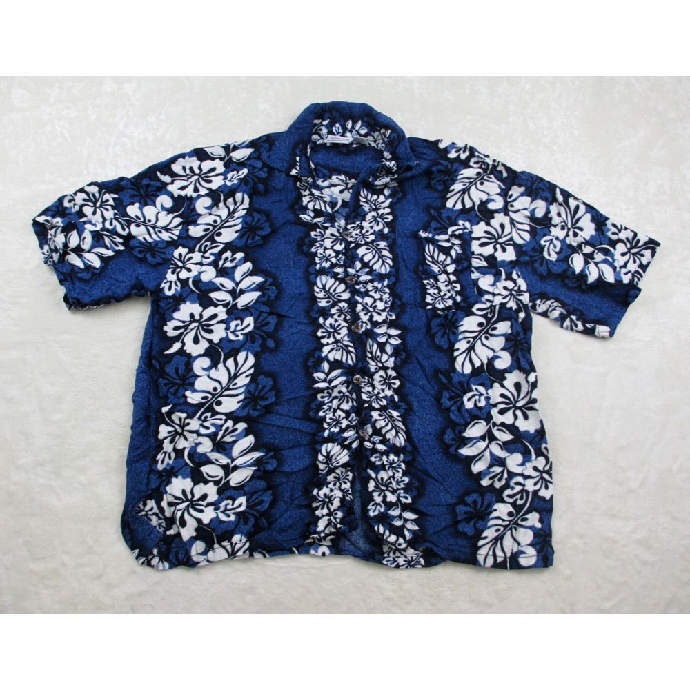 Jammin‎ Shirt Mens Extra Large Blue White Floral Hawaiian Luau Button Up Casual